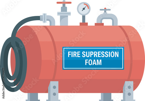 Illustration of a red, horizontal fire suppression foam tank with valves, pressure gauge, and a hose.