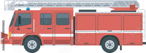 Illustration of a red fire engine with a ladder on top, viewed from the side.