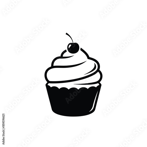 Black and white icon of a cupcake with frosting and cherry