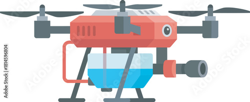 A red drone with a tank of blue liquid is depicted in a vector graphic.