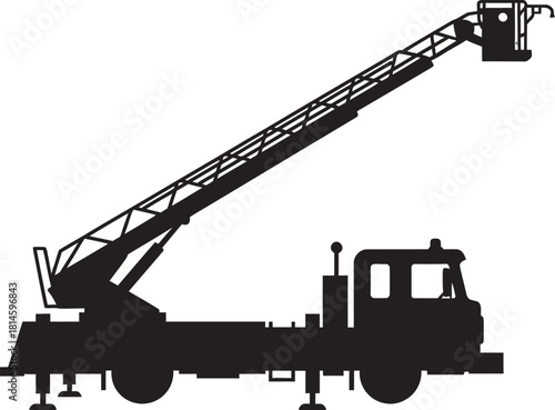 Silhouette of a fire truck with an extended aerial ladder, ready for action.
