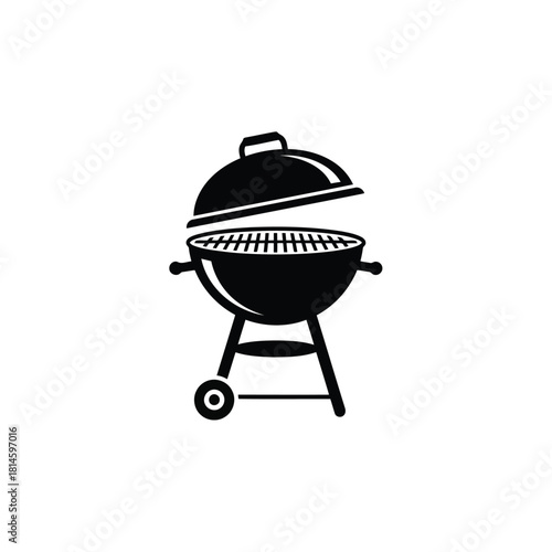 Black and white icon of a kettle barbecue grill with lid open