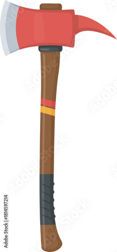 A red and silver fire axe with a wooden handle, ready for action.