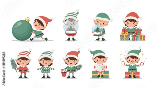 Whimsical Christmas Elf Collection: A delightful ensemble of animated elves, each showcasing unique charm and festive details. Perfect for holiday themes and creative projects.