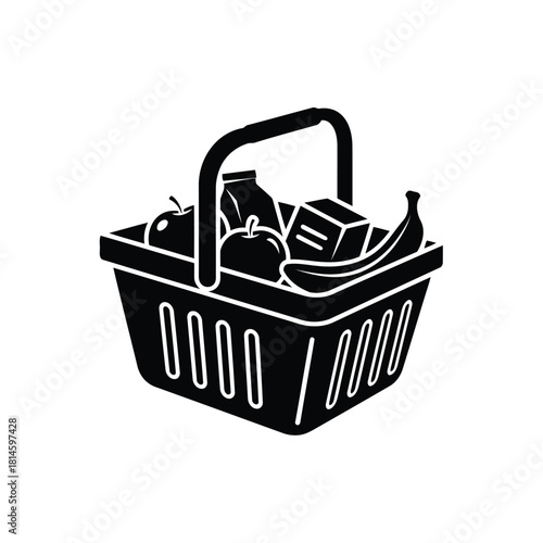 Black and white icon of a grocery shopping basket full of food