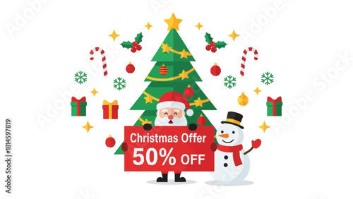 Festive Christmas Offer: A jolly Santa Claus and a cheerful snowman team up to announce an exciting Christmas offer, surrounded by a decorated tree and holiday elements.