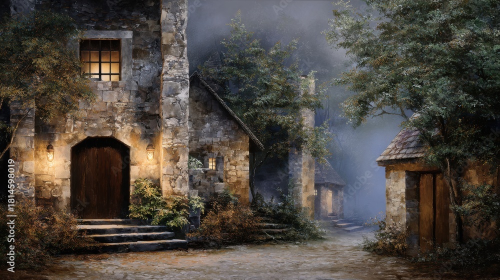 Fototapeta premium Small medieval village, stone houses with wooden doors and windows, in the forest at night, foggy weather, soft light, oil painting style, fantasy, realism, brushstroke. 