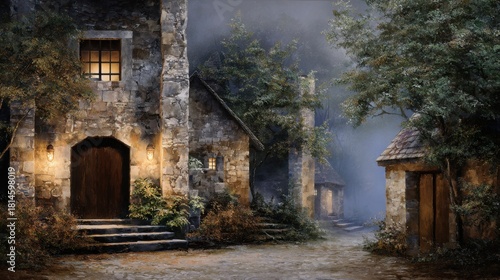 Fototapeta Naklejka Na Ścianę i Meble -  Small medieval village, stone houses with wooden doors and windows, in the forest at night, foggy weather, soft light, oil painting style, fantasy, realism, brushstroke.
