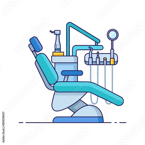 A blue and teal dentists chair with attached dental instruments in a flat, outlined illustration style.