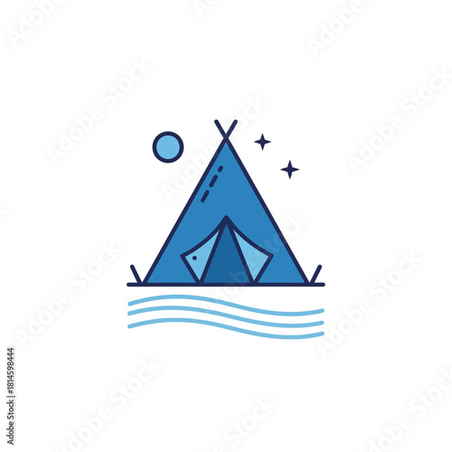 A blue line art icon of a tipi tent pitched by water under a starry night sky.