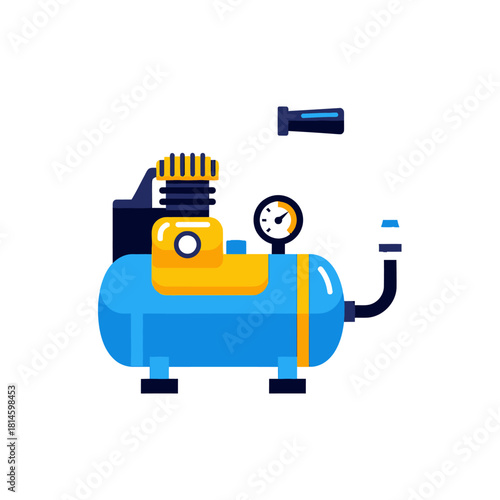A blue and yellow portable air compressor with a pressure gauge, illustrated in a flat, modern vector style.