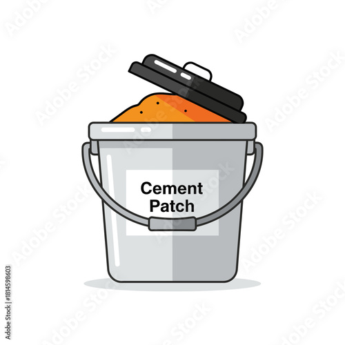 A grey bucket of orange cement patch compound with a handle and an open black lid, shown in a flat vector illustration style.
