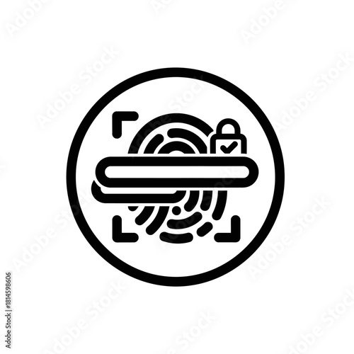 A minimalist black line art icon of a smart door handle with an integrated fingerprint scanner and a padlock symbol for biometric security.