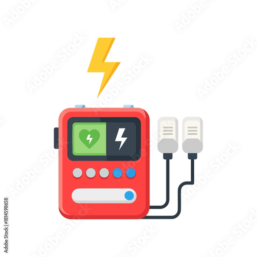 A red portable Automated External Defibrillator AED with a screen, electrode pads, and a shock symbol, depicted in a flat vector illustration style.