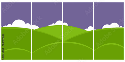 Cartoon landscape with green hills clouds and purple sky in panels
