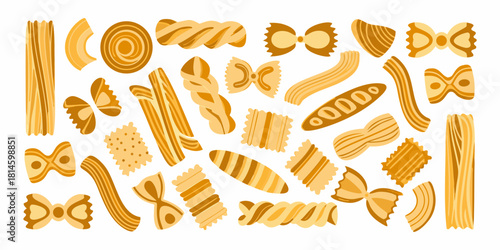 Variety of pasta shapes on white background in cartoon style