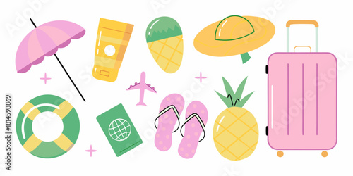 Colorful summer vacation flat lay illustration with travel and beach elements