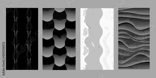 Four abstract vertical panels with varied gray and black designs