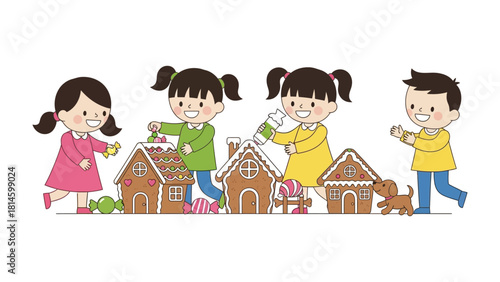 Creating Gingerbread Houses: Joyful children gather together building their own unique Gingerbread house while experiencing the essence of creativity and collaboration