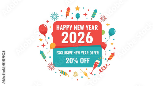 New Year Offer 2026: An eye-catching promotional graphic announces Happy New Year 2026, enticing viewers with an Exclusive New Year Offer of 20% off, all in a festive design with balloons, fireworks.