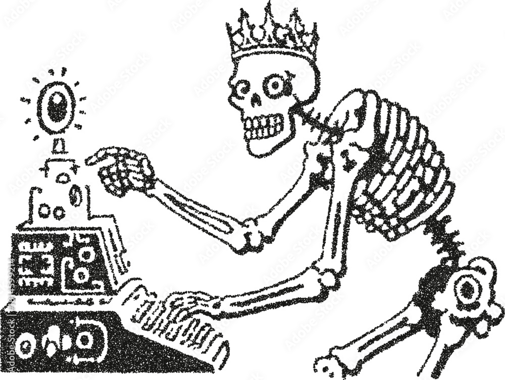 Fototapeta premium Skeleton king using vintage computer vector illustration depicting digital death concept in retro stipple dotwork style 