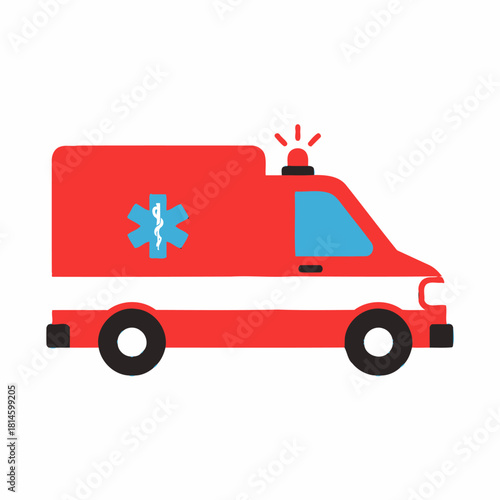 A vibrant red ambulance illustration with a blue Star of Life symbol and a flashing siren light.