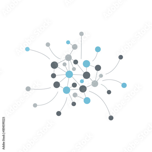 Abstract digital network of interconnected blue, dark gray, and light gray dots with lines, forming a complex data structure.