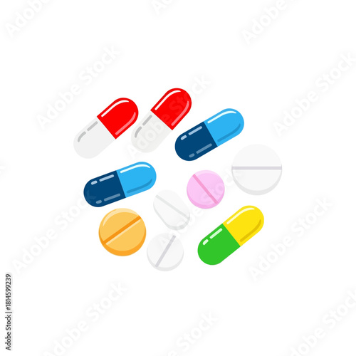 Assorted colorful pills and capsules, including red, blue, yellow, and white, arranged on a surface.