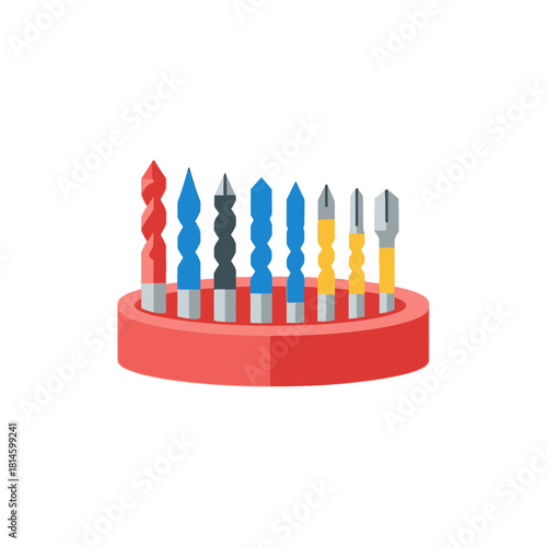 Assorted Colorful Drill Bits Displayed in a Red Circular Holder, Vector Illustration.