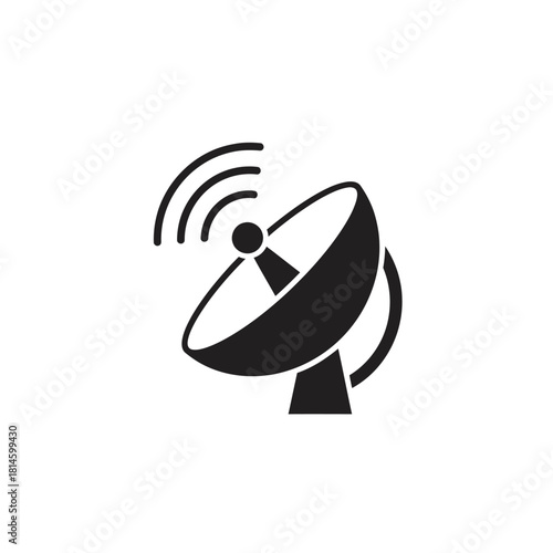 Black silhouette of a satellite dish antenna transmitting a signal, a simple flat vector icon.