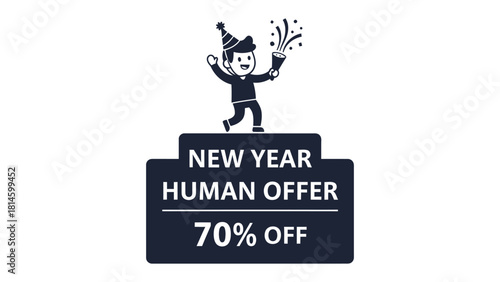 New Year Human Offer: A joyful illustration with the elements that include a dancing human figure, a celebratory banner, and a generous 70% off deal