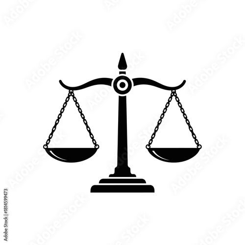 Black Silhouette of Justice Scales with Hanging Chain Balance and Equal Pans.