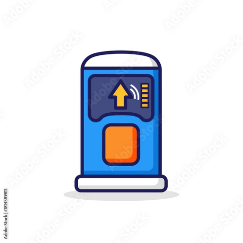 Blue cartoon remote control with a large orange button and an up arrow on the screen.