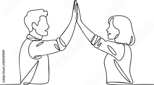 Continuous single line drawing of two people clapping in a high-five gesture symbolizing business teamwork, unity, and success in minimalist outline vector illustration