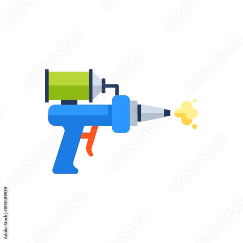 Blue Caulking Gun with Green Cartridge and Yellow Spray.