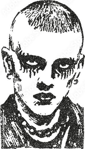 Edgy punk portrait vector illustration with heavy makeup and shaved head in gritty stipple dotwork style

