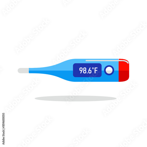 Blue Digital Thermometer Displaying 98.6 Degrees Fahrenheit, Red End Cap, White Tip.