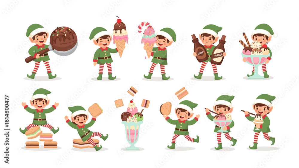 Fototapeta premium Sweet Elf's Confectionery Delights: Playful elves, each embodying the spirit of confectionary, showcase a dazzling array of treats.