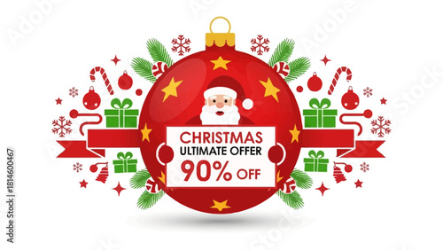Festive Christmas Ornament Offer: A captivating Christmas offer design, featuring a radiant red ornament with Santa Claus and a striking banner highlighting a generous 90% discount.