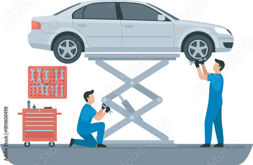Two mechanics working on a car lifted on a scissor lift in a garage.