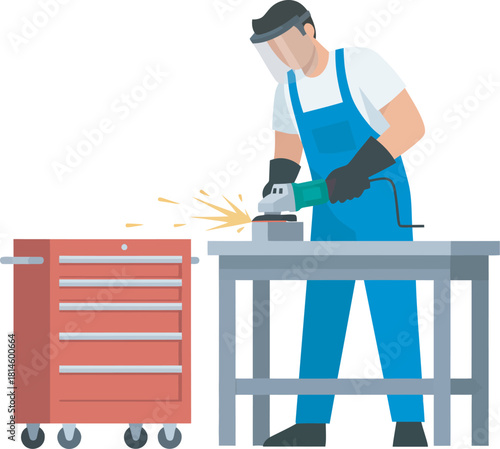 A worker wearing protective gear uses a grinder on a metal surface, sparks flying.