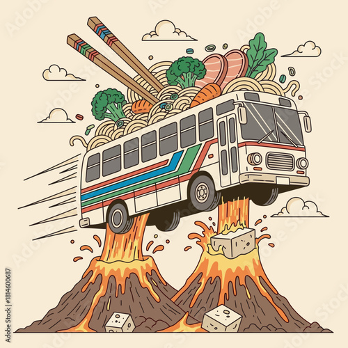 A whimsical cartoon bus filled with ramen noodles launches into the sky from erupting volcanoes.
