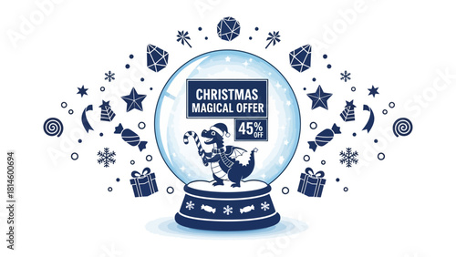 Christmas Magical Offer with dragon in the snow globe: Festive illustration with a dragon inside a snow globe, showcasing a Christmas magical offer.