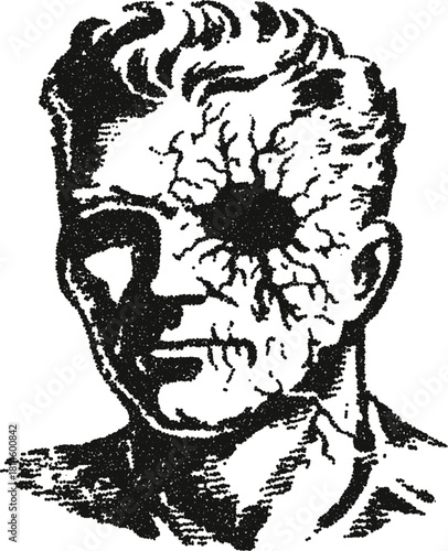 Surreal face vector illustration with cracked skin and dark void eye in gritty stipple dotwork technique
