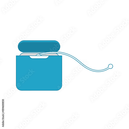 Bright turquoise dental floss dispenser, lid slightly open, white floss string pulled out, clean vector illustration.