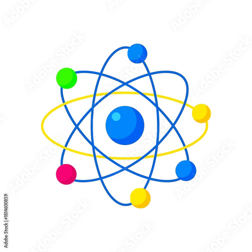 Bright vector atom model featuring a central blue nucleus and multiple colorful electrons orbiting on intersecting elliptical paths.