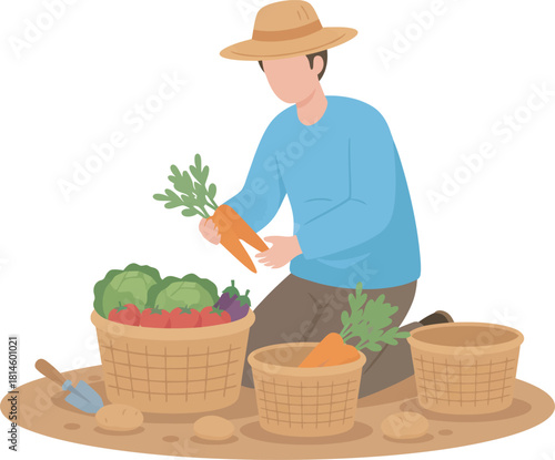An illustration of a farmer kneeling and sorting carrots into baskets, surrounded by harvested vegetables.