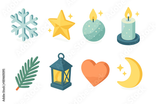 Winter Icon Set. Winter sparkle flat icon set : snowflake, star, sparkling orb, candle, pine branch, lantern, heart, moon