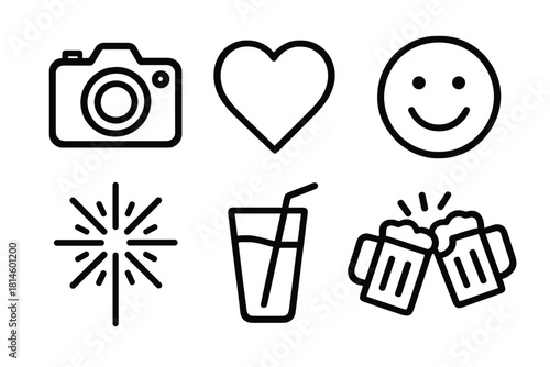 Joyful Icon Celebration. Joyful Moments linear icon set: camera, heart, smile, sparkler, drink, cheer