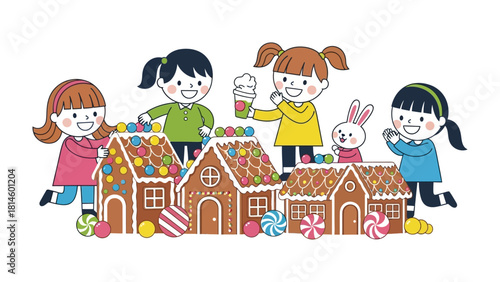 Whimsical Gingerbread Creations: Playful children collaborate to build and decorate vibrant gingerbread houses, their faces alight with the magic of creativity and shared joy.